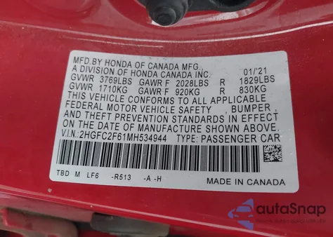 2021 Honda Civic Lx z USA, uszkodzony, nr VIN 2HGFC2F61MH534944